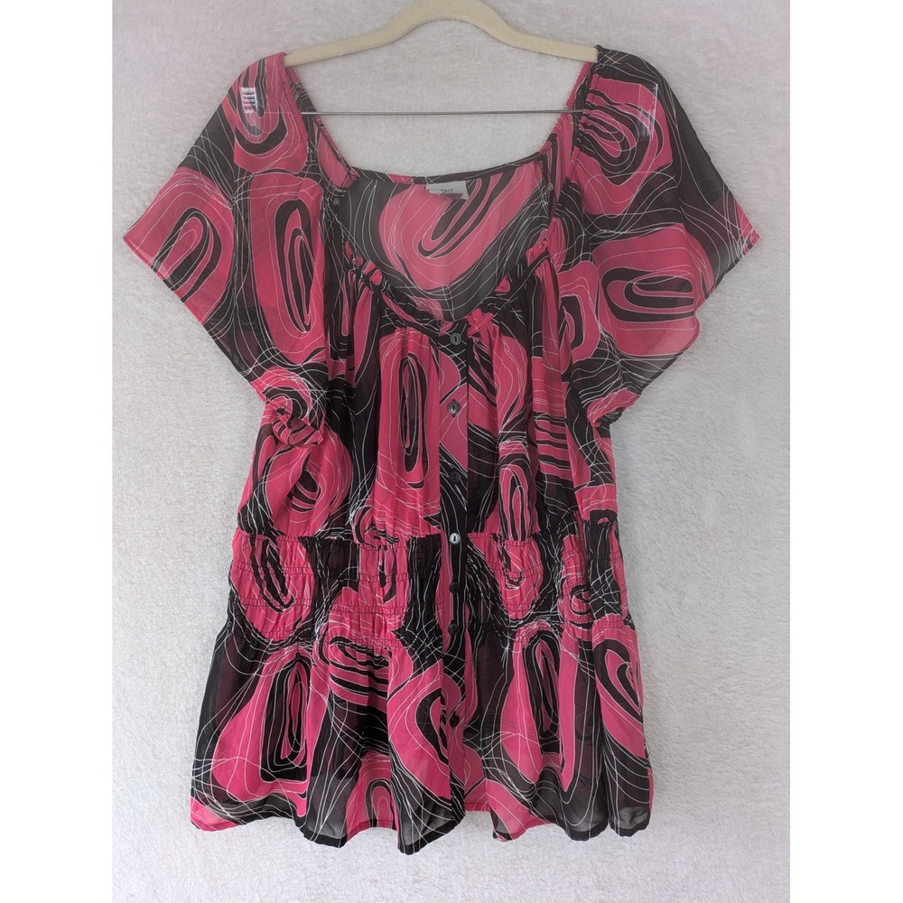 Worthington Blouse Women's 1X Pink Black Swirl Print Smocked Waist Button Front